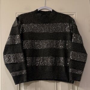Gray and Silver Sequin Striped Sweater